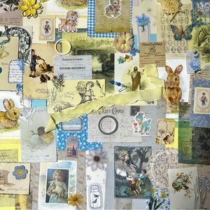 Vintage blue and yellow Easter theme junk journal paper and ephemera. Scrapbook